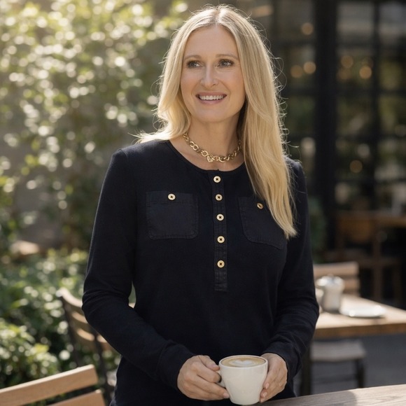 Lauren Ralph Lauren Tops - Lauren Ralph Lauren Black Cotton Henley Roll Tab Sleeve Top Gold Buttons Medium